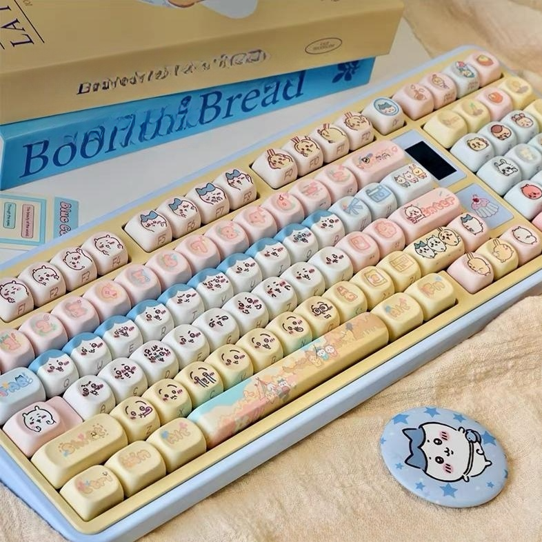 Cute Chiikawa Pastel PBT Keycap Set, Kawaii Cartoon MOA Profile Custom Keycaps for Mechanical Gaming Keyboard