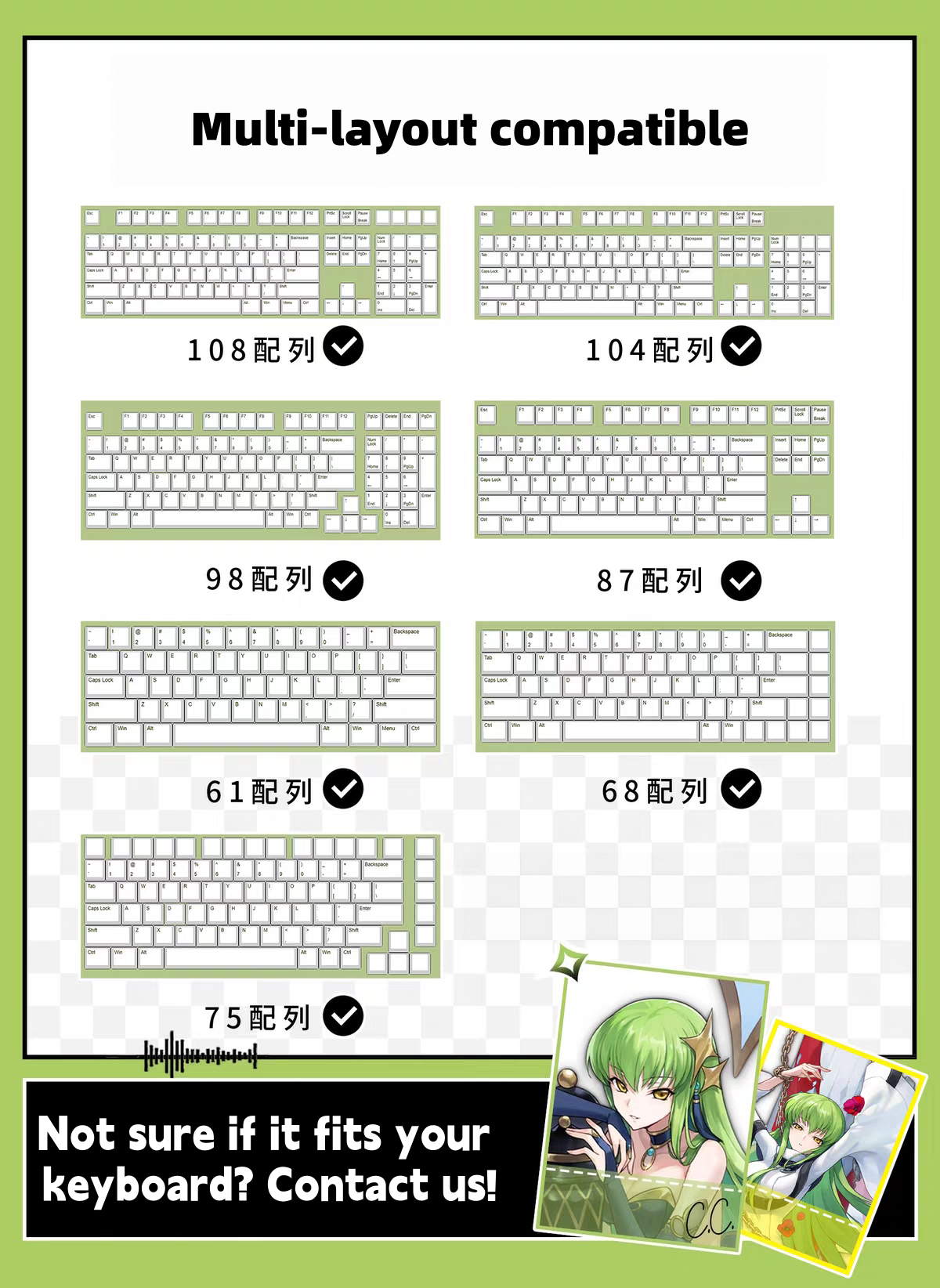 C.C Code Geass: Lelouch of the Rebellion keycaps set PBT Cherry with shine-through legends