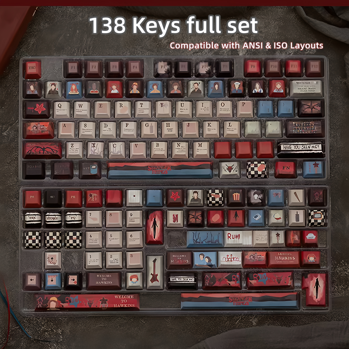 Stranger Things PBT Cherry Keycap Set, Matte 5-Side Dye-Sublimation, Full Set Compatible with ANSI & ISO Layouts.