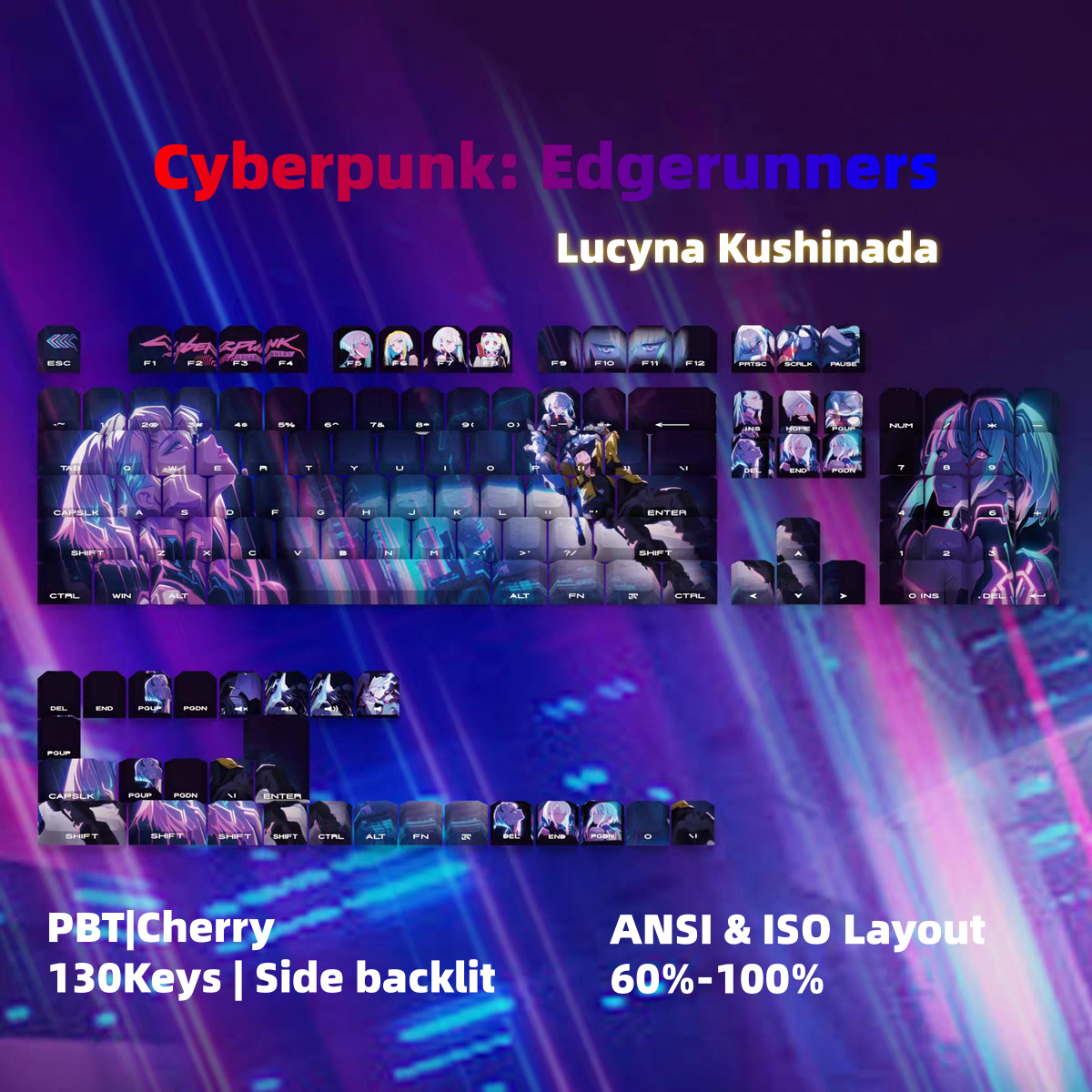 130keys Cyberpunk: Edgerunners Lucy PBT cherry keycaps set with Side lit, fit ANSI&ISO layouts,60%-100%
