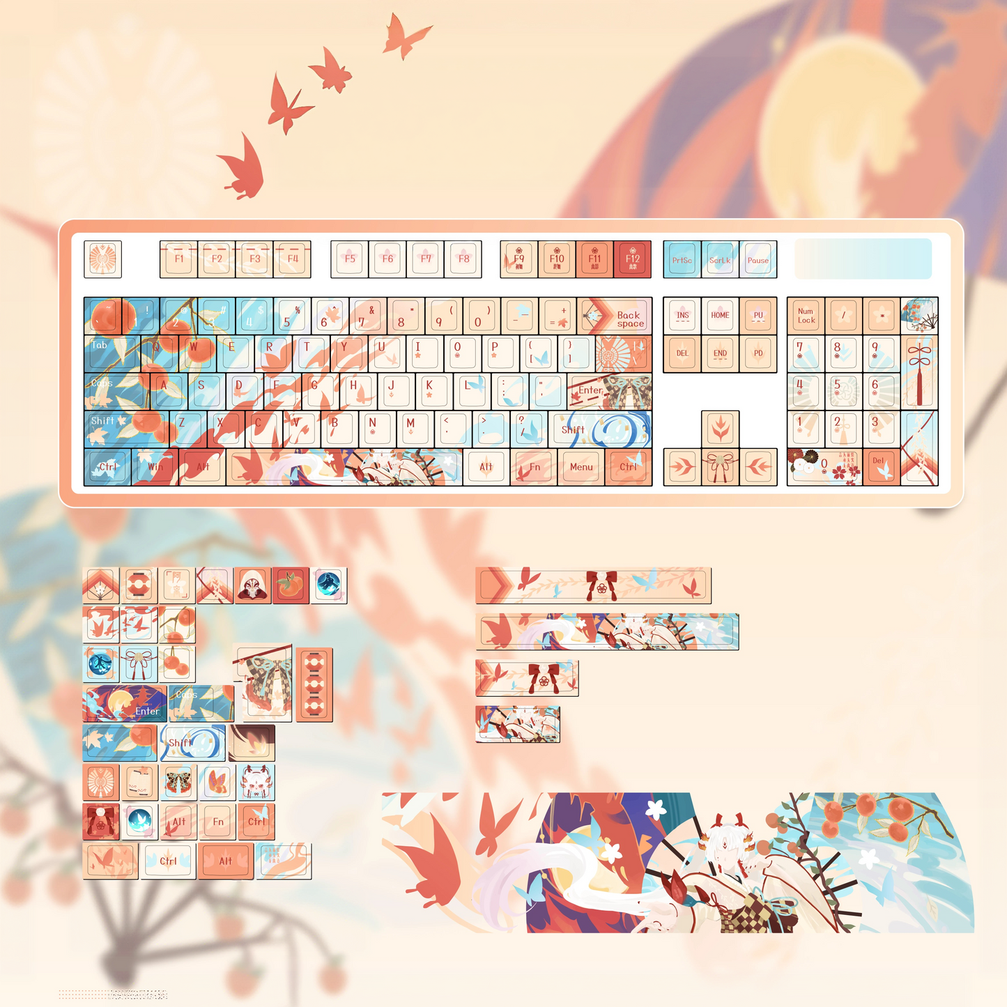 Onmyoji Shiranui Custom PBT Keycap set 142keys full set with Side backlit, cherry profile, fits both ANSI US and ISO EU standard layouts.