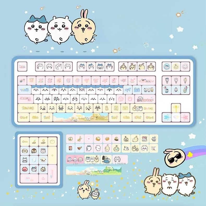 Cute Chiikawa Pastel PBT Keycap Set, Kawaii Cartoon MOA Profile Custom Keycaps for Mechanical Gaming Keyboard