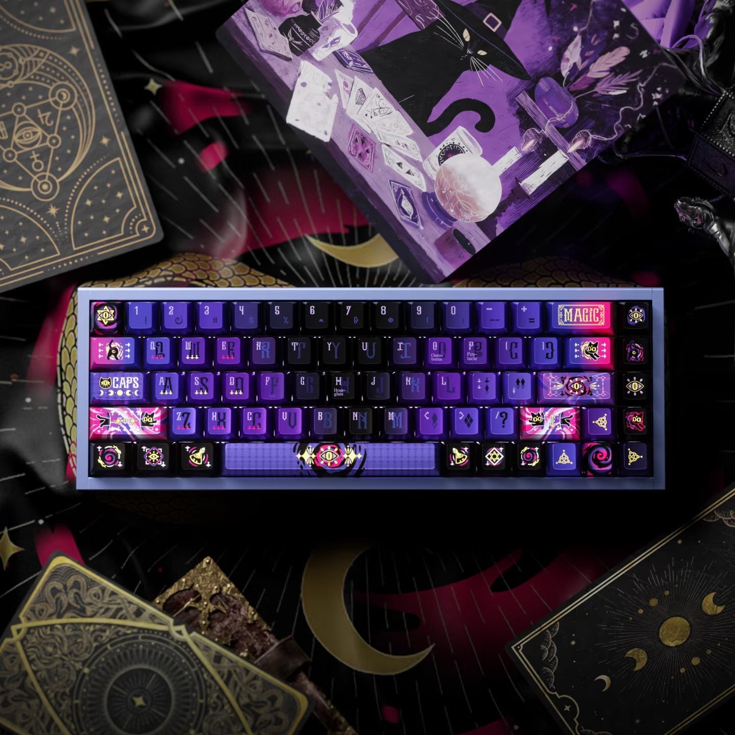 144keys Mystic Purple Black‑Cat with Metal‑Painted PBT keycaps
