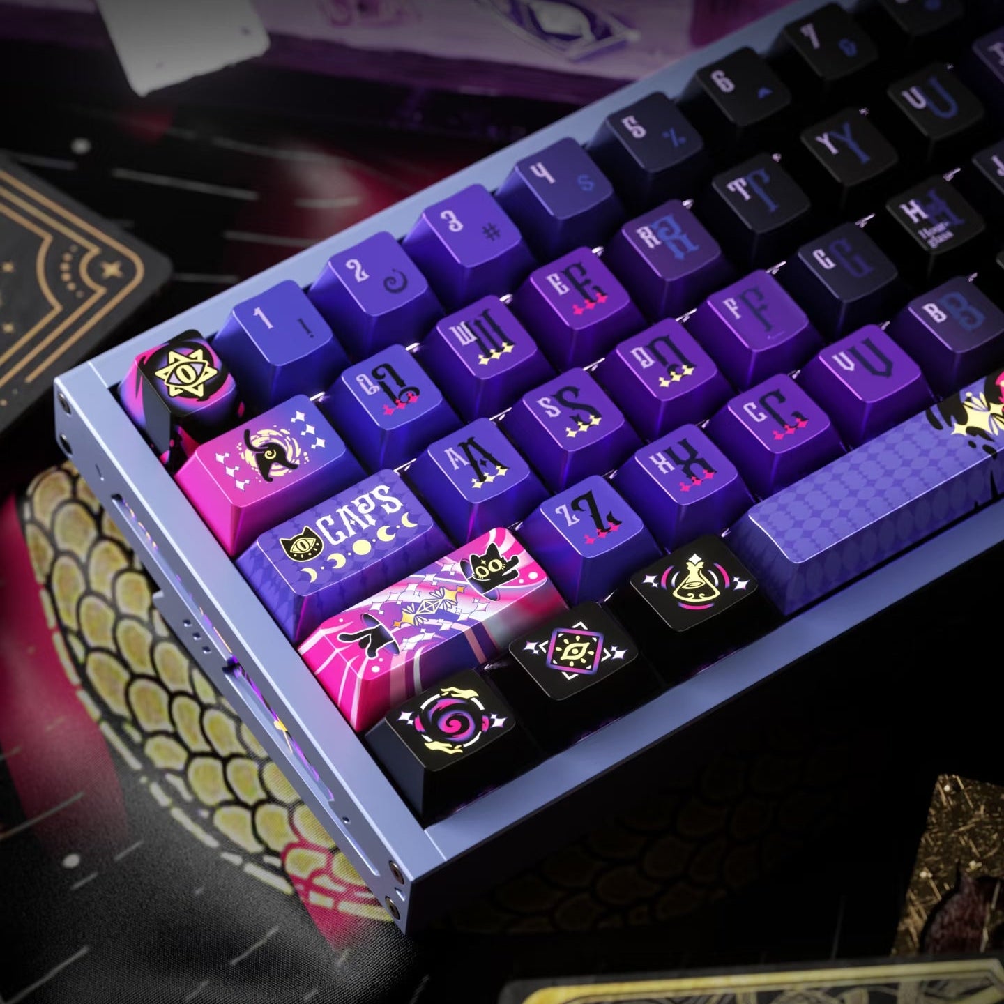 144keys Mystic Purple Black‑Cat with Metal‑Painted PBT keycaps