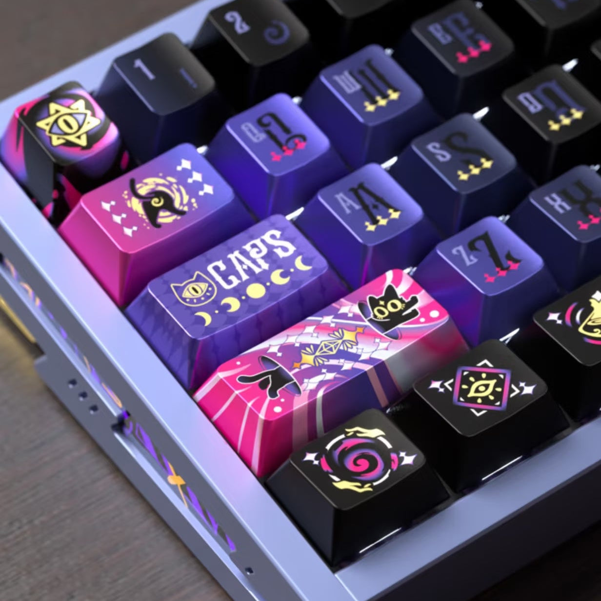 144keys Mystic Purple Black‑Cat with Metal‑Painted PBT keycaps