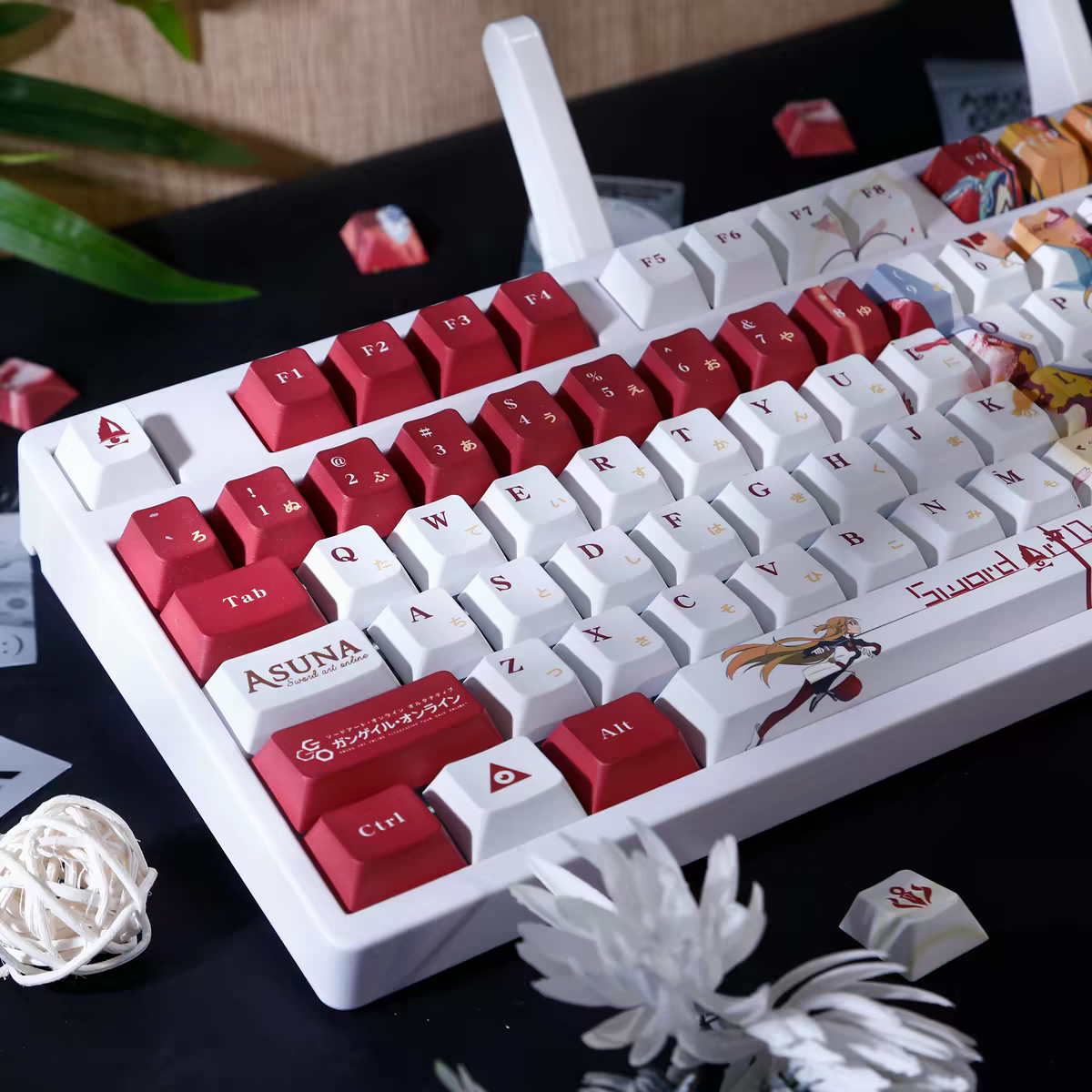 Sword Art Online Asuna PBT anime keycaps set with cherry profile, top backlit for RGB light, dye-sublimated, MX cross stems keyboard