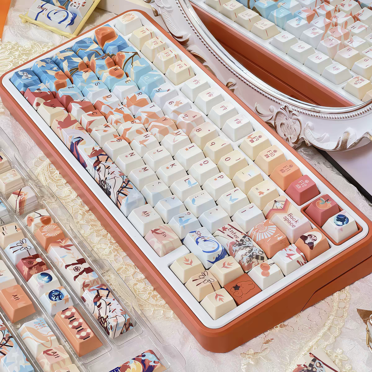 Onmyoji Shiranui Custom PBT Keycap set 142keys full set with Side backlit, cherry profile, fits both ANSI US and ISO EU standard layouts.