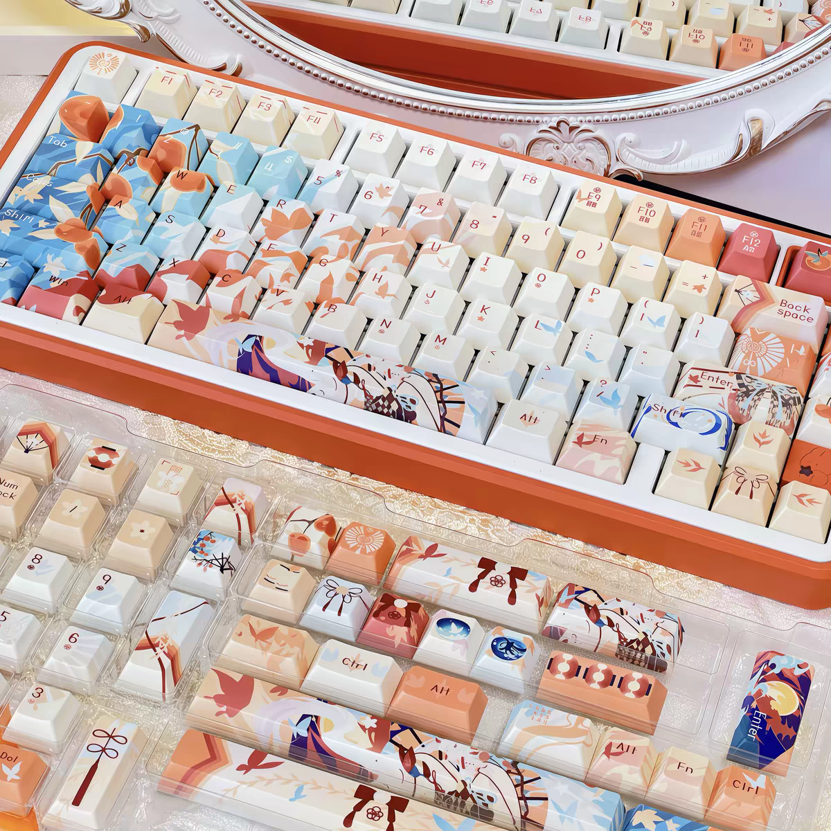 Onmyoji Shiranui Custom PBT Keycap set 142keys full set with Side backlit, cherry profile, fits both ANSI US and ISO EU standard layouts.