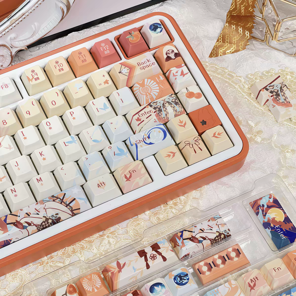 Onmyoji Shiranui Custom PBT Keycap set 142keys full set with Side backlit, cherry profile, fits both ANSI US and ISO EU standard layouts.