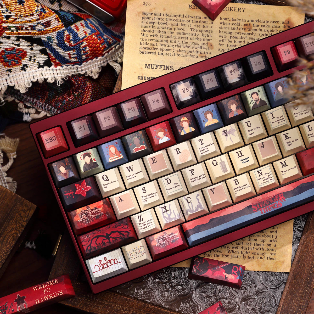 Stranger Things PBT Cherry Keycap Set, Matte 5-Side Dye-Sublimation, Full Set Compatible with ANSI & ISO Layouts.