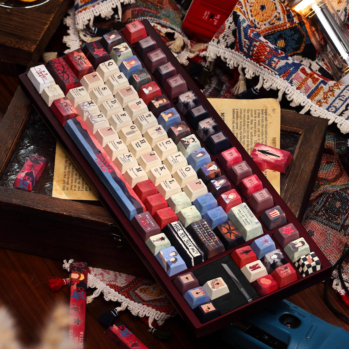 Stranger Things PBT Cherry Keycap Set, Matte 5-Side Dye-Sublimation, Full Set Compatible with ANSI & ISO Layouts.