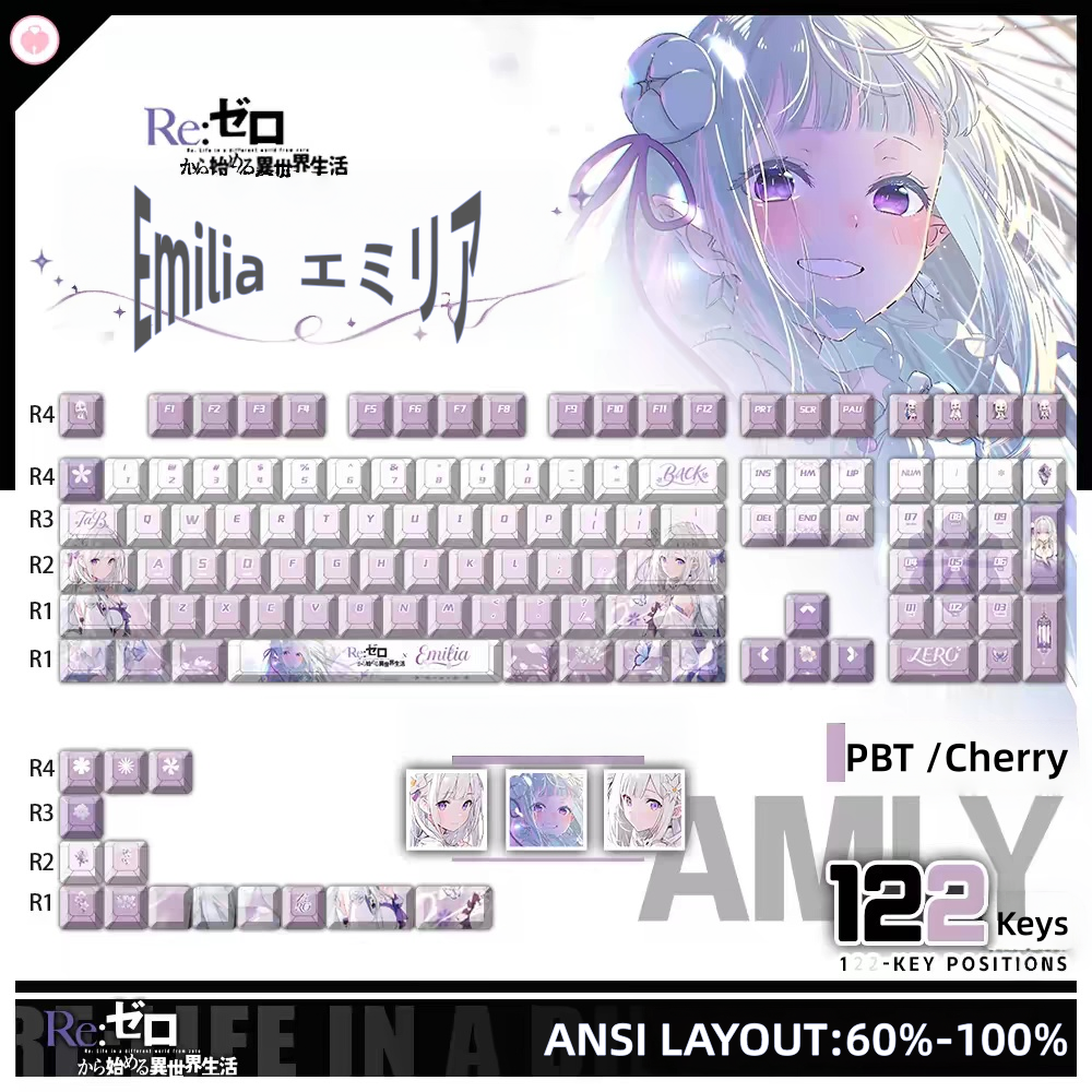 Re:ZERO Emilia anime PBT keycap set with top backlit for ANSI layout