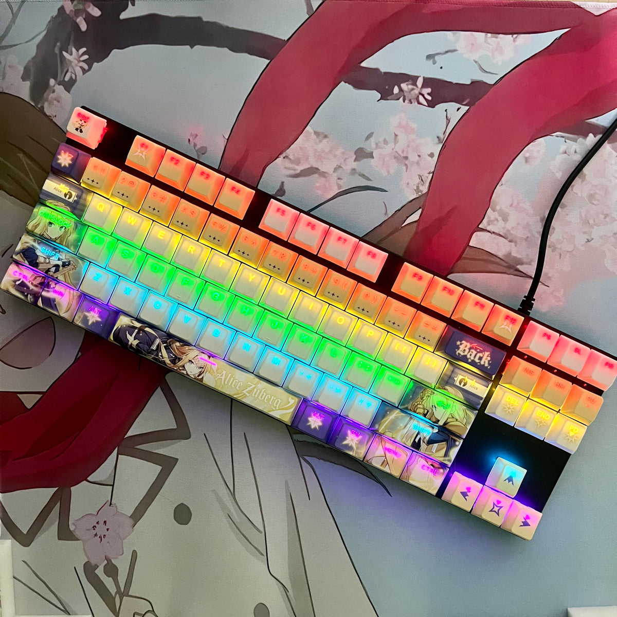 Sword Art Online Alice Zuberg PBT anime keycaps set with cherry profile, top backlit for RGB light, dye-sublimated, MX cross stems keyboard