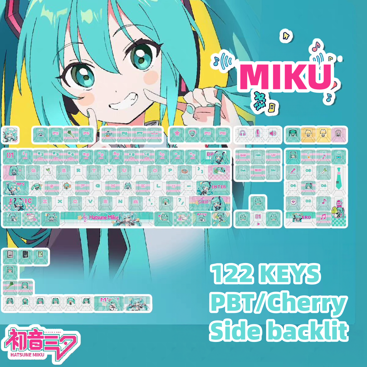 Miku keycaps with double printed and Side-backlit