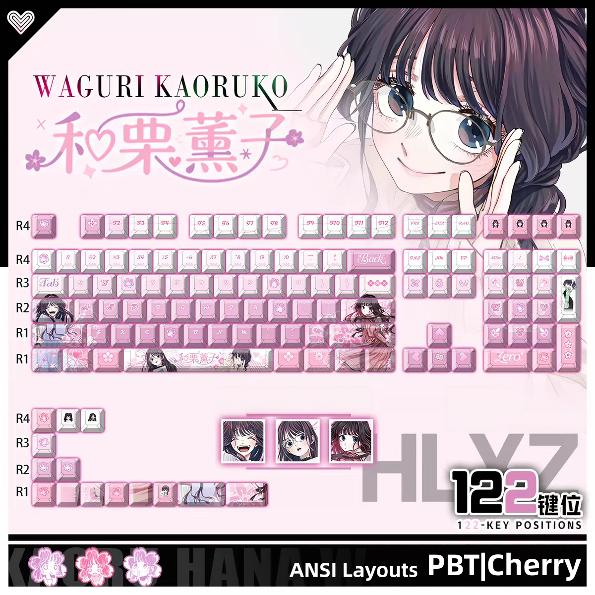 Waguri Kaoruko PBT Anim keycaps set with top backlit for RGB light, dye-sublimated, MX cross stems keyboard