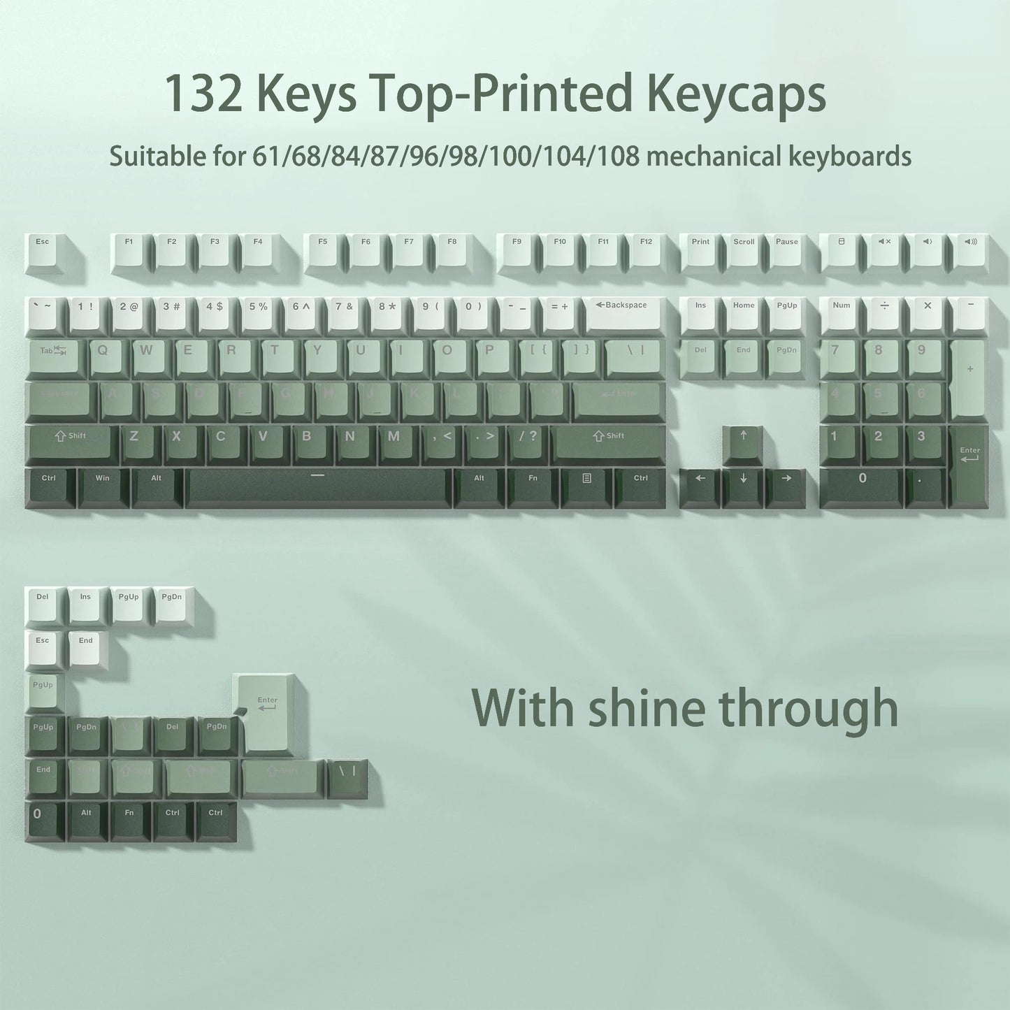 132+ Keys Gradient Green PBT Double Shot Top Print Shine Through Backlit keycaps For Gateron Cherry MX Gamer Mechanical Keyboard