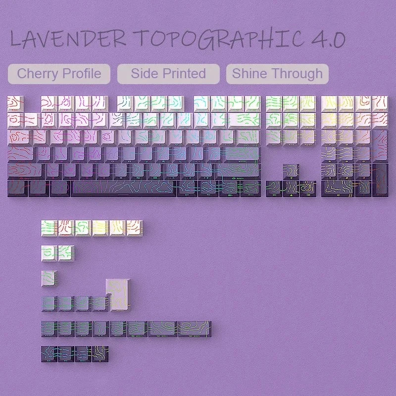 2026 New Purple Topographic Side Print Shine Through Keycaps 97/134+ Key Cherry Profile Double Shot Dye Sub PBT for MX Switch