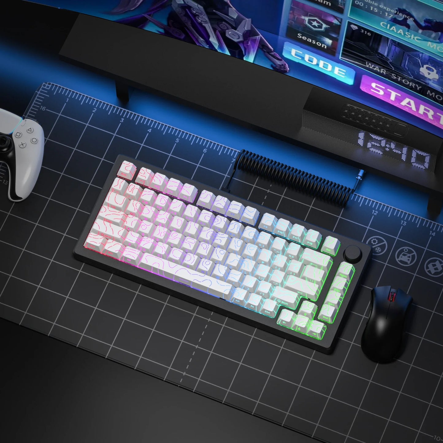 98 Key White Topographic 4.0 PBT Keycaps Double Shot Side Print Shine Through Backlit key caps For MX Gamer Mechanical Keyboard