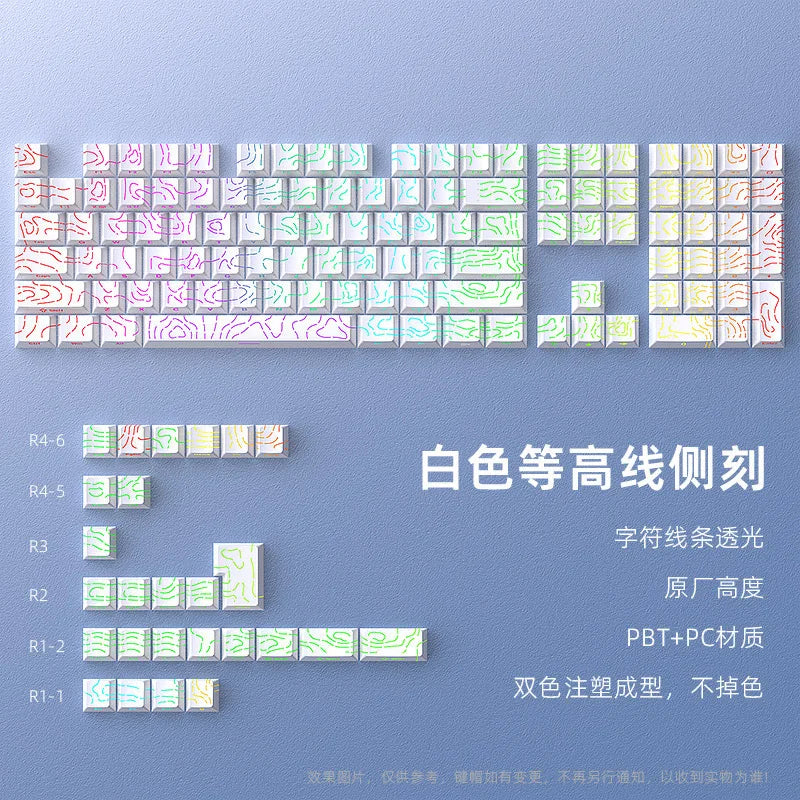 98 Key White Topographic 4.0 PBT Keycaps Double Shot Side Print Shine Through Backlit key caps For MX Gamer Mechanical Keyboard