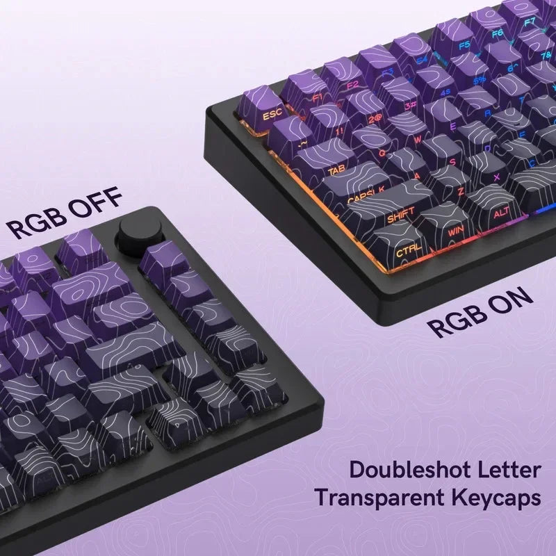2026 New Purple Topographic Side Print Shine Through Keycaps 97/134+ Key Cherry Profile Double Shot Dye Sub PBT for MX Switch