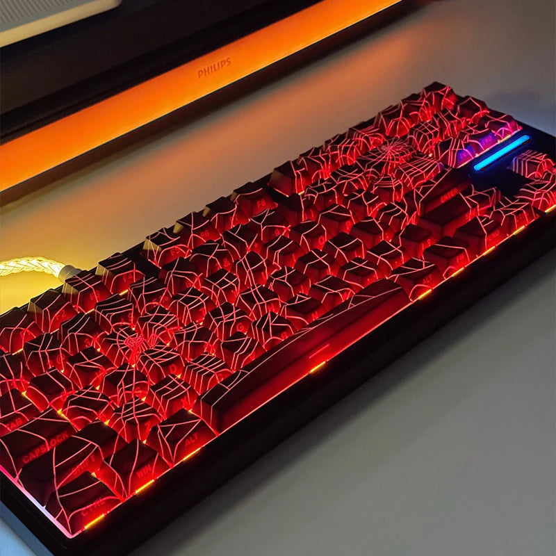 129Key Cool Spider Web Key Cap Side Engraved Light Cherry Profile PBT Sublimated Personalized MX Switch Game Mechanical Keyboard