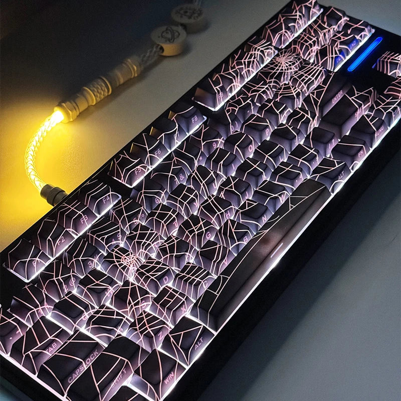 129Key Cool Spider Web Key Cap Side Engraved Light Cherry Profile PBT Sublimated Personalized MX Switch Game Mechanical Keyboard