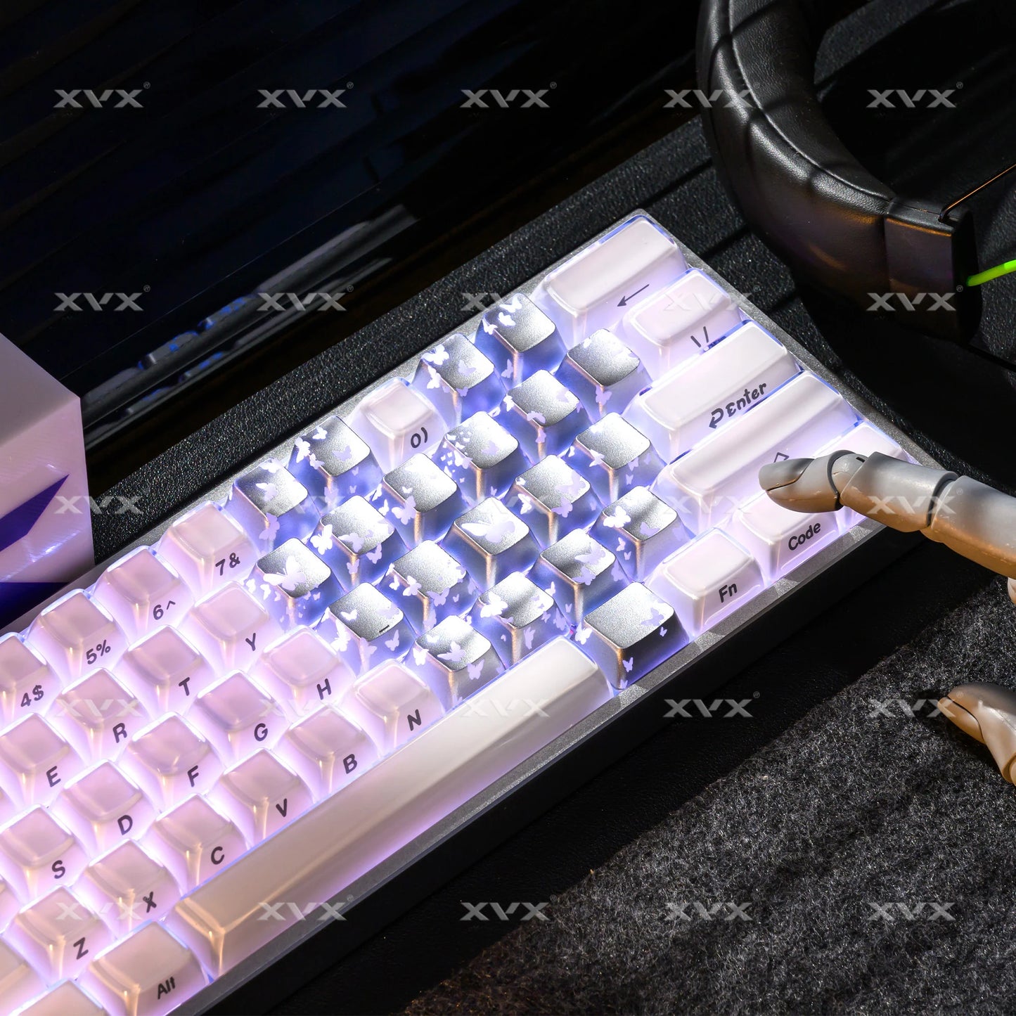 XVX 21 Keys Sliver Butterfly Keycaps IMD-Pattern Shine Through Heart-Shaped Keycaps OEM Profile DIY Decorative Keycapseycap
