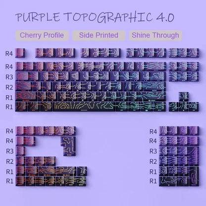2026 New Purple Topographic Side Print Shine Through Keycaps 97/134+ Key Cherry Profile Double Shot Dye Sub PBT for MX Switch