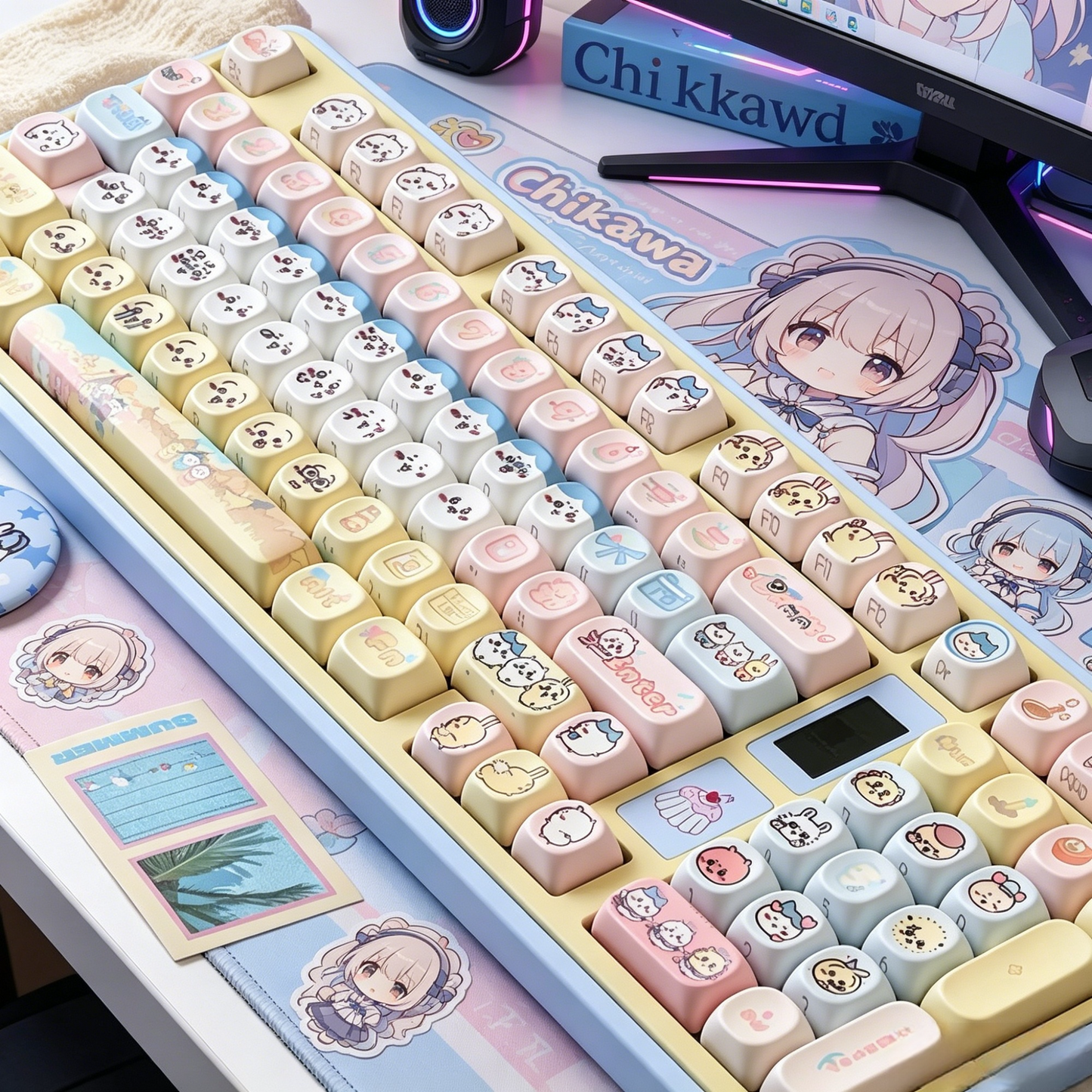 Cute Chiikawa Pastel PBT Keycap Set, Kawaii Cartoon MOA Profile Custom Keycaps for Mechanical Gaming Keyboard