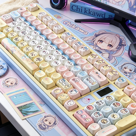 Cute Chiikawa Pastel PBT Keycap Set, Kawaii Cartoon MOA Profile Custom Keycaps for Mechanical Gaming Keyboard