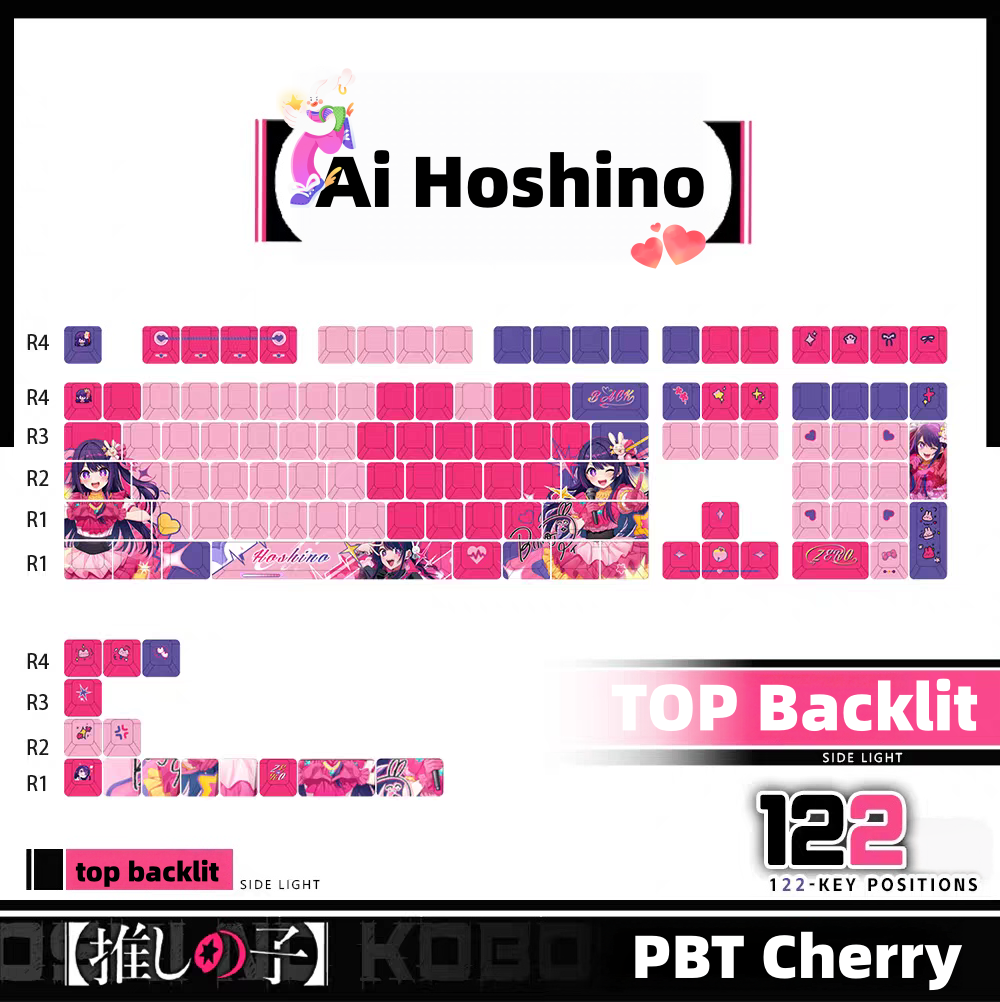 122keys Ai Hoshino set keycaps, top backlit PBT Cherry Designs