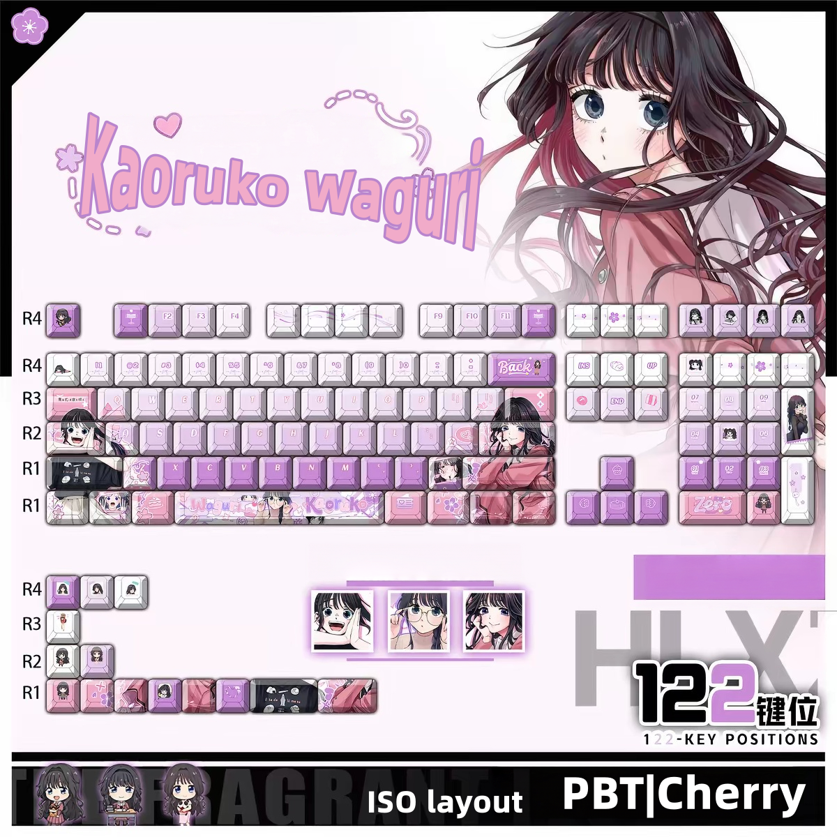 Waguri Kaoruko PBT Anim keycaps set with top backlit for RGB light, dye-sublimated, MX cross stems keyboard