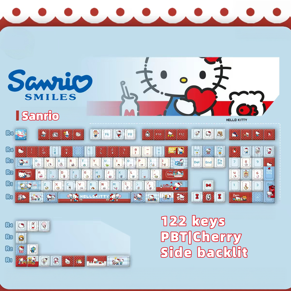 Hello kitty keycaps with double printed and Side-backlit