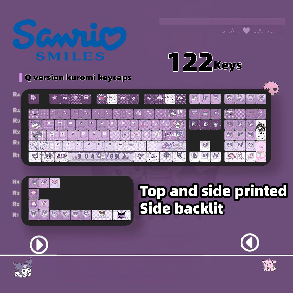 Kuromi keycaps with double printed and Side-backlit