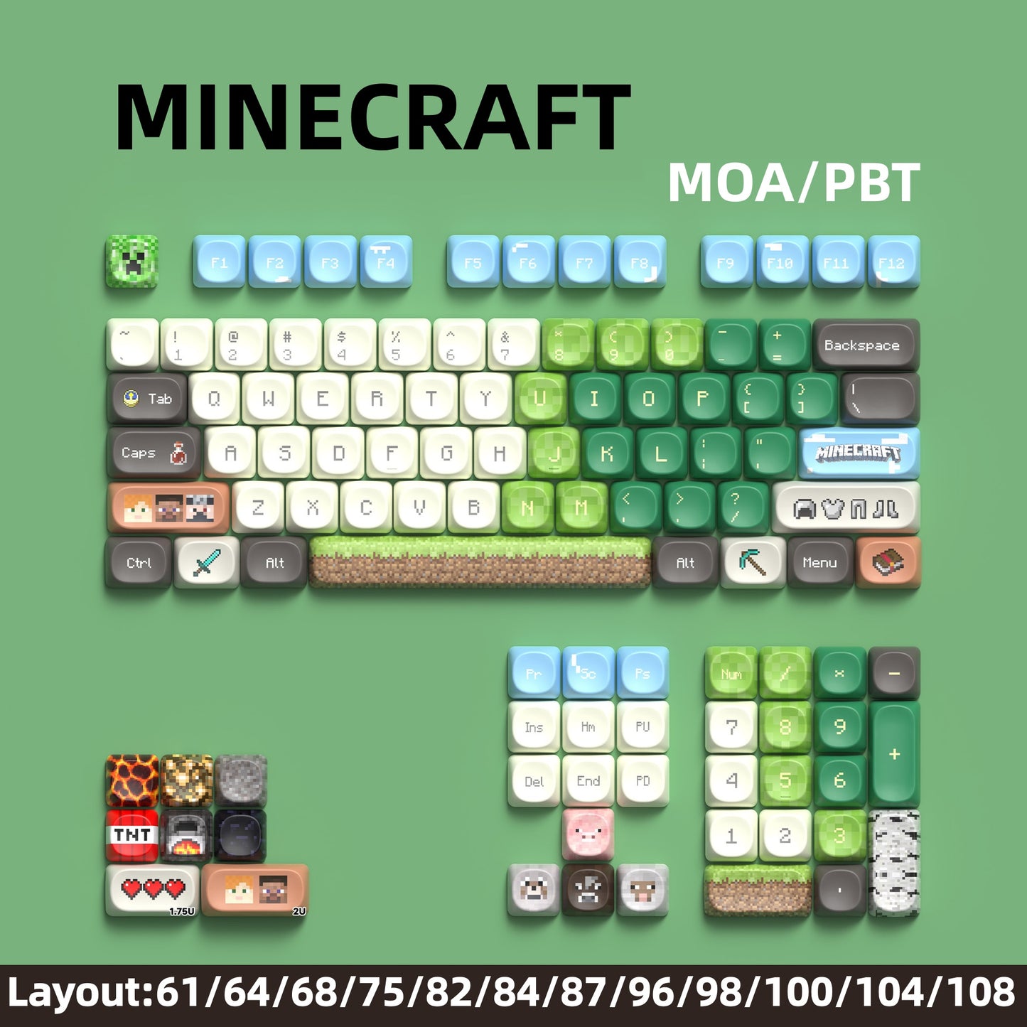 74/129keys Minecraft Keycaps Double-shot keycaps with side printed shine-through legends
