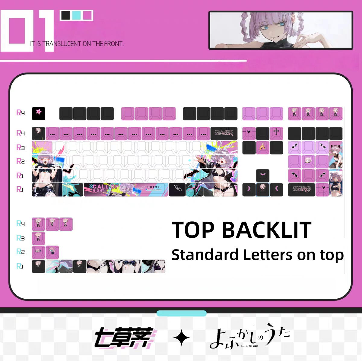 Call of the Night Nazuna anime PBT keycap set with top backlit for ANSI layout